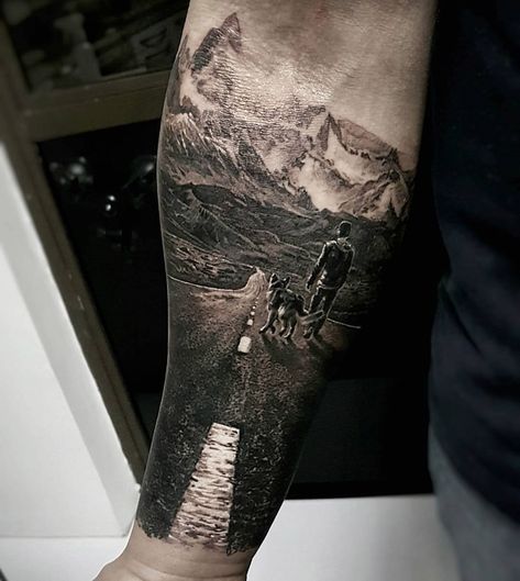 The Open Road by Led Coult, an artist based in Santa Catarina, Brazil. Teary Eye, Clouds Lightning, Outdoor Tattoo, Walpurgis Night, Hiking Tattoo, Landscape Tattoo, Forest Tattoos, Geniale Tattoos, Sleeve Ideas