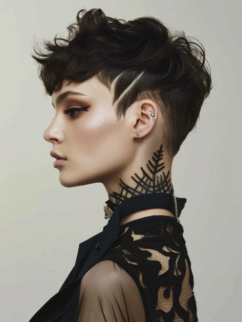 Short Curly Haircuts Edgy, Shaved Designs In Hair, Shaved Sides With Bangs, Edgy Pixie Cuts Shaved Sides, Hair With Long Bangs, Hairstyle References, Queer Haircut, Cyberpunk Hair, Braid Updo Tutorial