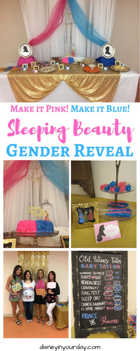 Sleeping Beauty gender reveal party - Disney in your Day Disney Gender Reveal, Disney Maternity, Fun Baby Announcement, Gender Reveal Themes, Baby Taylor, Gender Reveal Ideas, Baby Reveal Party, Names Girl, Baby Nursery Themes