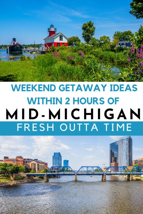 Plan a quick weekend getaway within two hours of Mid-Michigan with some of these getaway ideas listed on the blog. From Ann Arbor to Grand Rapids, you can find quite a bit to do within a few hours from the Lansing area. #michigan #travel Fall Michigan, Cheap Weekend Getaways, New Buffalo Michigan, Best Weekend Trips, Michigan Adventures, Quick Weekend Getaways, Michigan Road Trip, Michigan Summer, Michigan Vacations