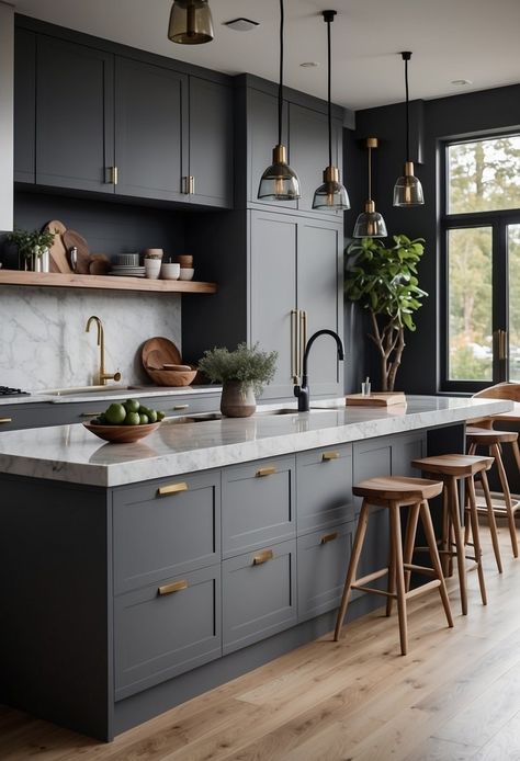 Gray Cabinets With Gray Walls, Dark Bottom Kitchen Cabinets, Kitchen Cabinets Gray And White, Modern Kitchen Dark Cabinets, Charcoal Cabinets Kitchen, Dark Grey Cabinets Kitchen, Gray Cabinet Kitchen, Barndo Kitchen Ideas, Lake Barndominium