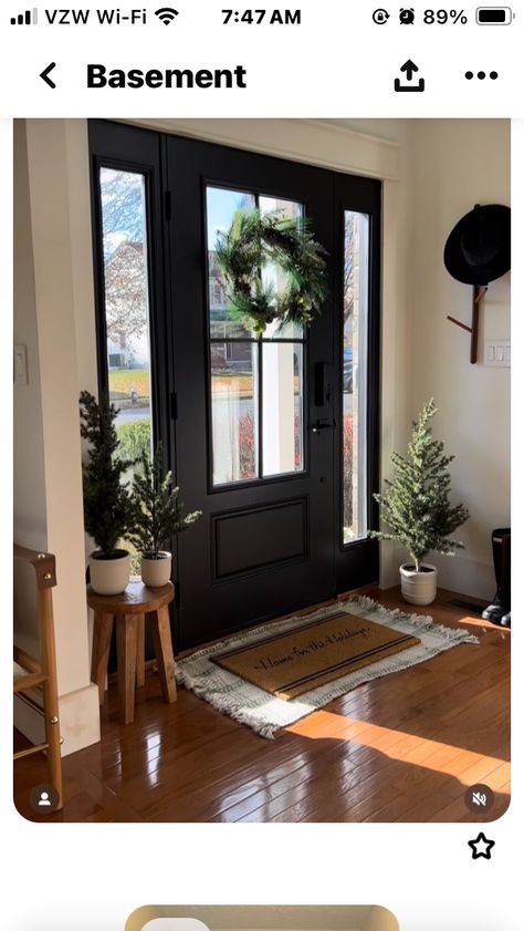 Black Trim Entryway, Front Entrance Inside, Inside Front Door Black, Fromt Door Ideas, Houses With Black Front Doors, Black House Front Door, Front Door To Living Room, Inside Front Door Colors, Interior Front Door Color Entryway