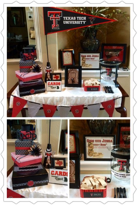 Texas Tech table Texas Tech Party Ideas, Texas Tech Party Decorations, Texas Tech Graduation Cakes, Texas Tech Party, Texas Tech Graduation Party, Senior Table, Dessert Table Graduation, College Grad Party, Graduation Desserts