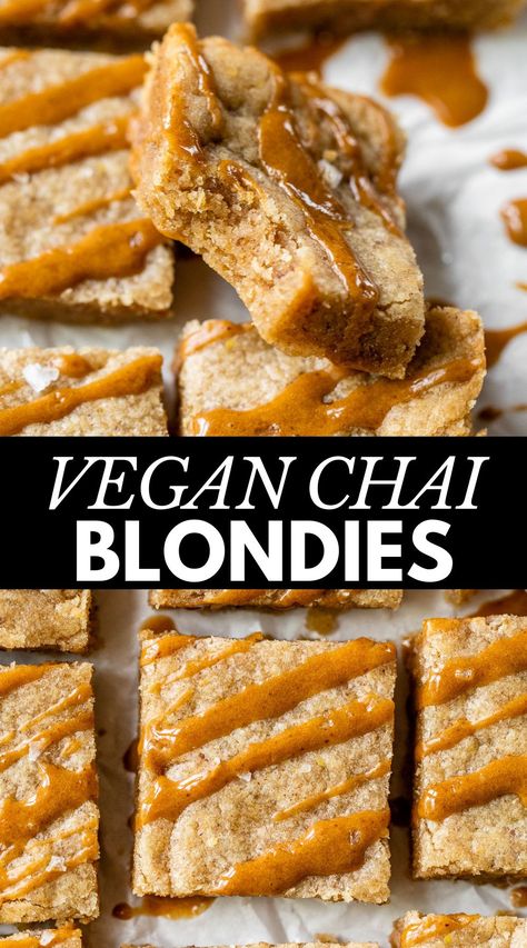 These Dirty Chai Blondies are vegan-friendly and made with cinnamon, ginger, nutmeg and drizzled with a quick espresso glaze for the ultimate dessert recipe. Chai Desserts Vegan, Quick Vegan Dessert 3 Ingredients, Vegan Chai Dessert, Vegan Ginger Snaps, Fall Baking Vegan, Easy At Home Baking Recipes, Easy Vegan Fall Desserts, Fall Desserts Vegan, Vegan Deserts Ideas