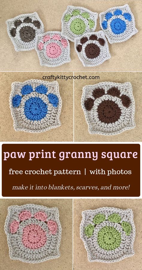 This adorable and easy to make granny square is the perfect way to show your love for the pet(s) in your life! You could make it into a scarf, blanket, pillow, tote bag – the possibilities are endless! It works up quickly and can be customized with all kinds of colors. What a great gift idea for any holiday or occasion! #freecrochetpattern #grannysquare #crochetblanket #crochetscarf #diy #crochetchristmasgift #christmascrochet #holidaycrochet #crochetforpets #petlover #giftsforpetlovers #crochet Paw Print Granny Square Crochet, Food Flags, Paw Crochet, Granny Square Häkelanleitung, Parties Food, Square Crochet Pattern, Scarf Blanket, Granny Square Crochet Patterns Free, Blanket Pillow