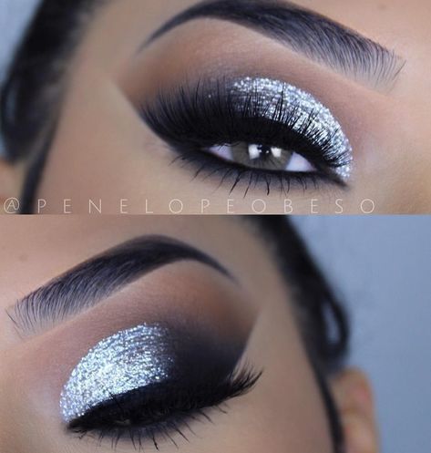 This would be cute as a new years eve look. Makeup With Silver Glitter, Silver Glitter Makeup Looks, Makeup Silver Glitter, Silver Glitter Makeup, Silver Glitter Eye Makeup, Silver Smokey Eye, Glitter Smokey Eye, Silver Eye Makeup, Make Up Designs