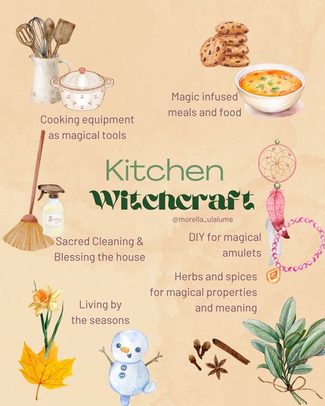 Read our blog post on kitchen witchcraft! What  makes a kitchen witch and what are her skills, how to become one and how to channel the aethetic? Head over to our article! Kitchen Witch Recipes For Health, Full Moon Kitchen Witch, Witch Meals, Baking Witchcraft, Kitchen Witch Tips, Cooking Witchcraft, Kitchen Witchery Recipes, Kitchen Witch Spells, Kitchen Grimoire