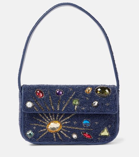 Tommy beaded shoulder bag in blue - Staud | Mytheresa Beaded Shoulder Bag, Jeweled Bag, Unique Purses, Loewe Bag, Beaded Bags, Lining Fabric, Blue Bags, Beaded Embroidery, Magnetic Closure