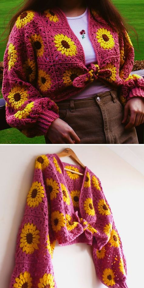 Charming Crochet Sunflower Ideas and Free Patterns Bolero Haken, Crochet Cardigan Tutorial, Crochet Pieces, Crochet Unique, Diy Projektit, Mode Crochet, Crochet Bolero, Crochet Tops Free Patterns, Simple Crochet