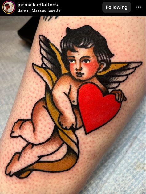 Victory Tattoo, Angle Tattoo, Traditional Heart Tattoos, Americana Tattoo, Cupid Tattoo, Traditional Tattoo Old School, Traditional Tattoo Inspiration, Cherub Tattoo, Traditional Tattoo Sleeve