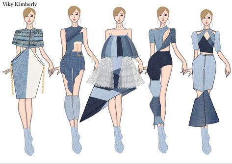 Denim Collection Casual Outfits Illustration Fashion Sketches, Denim Fashion Illustration, Korean Fashion Women Dresses, Fashion Illustration Tutorial, Fashion Illustration Collage, Fashion Design Books, Fashion Design Template, Fashion Illustrations Techniques, Dress Illustration