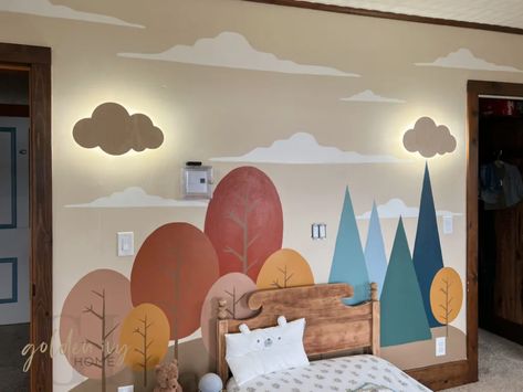 Teddy’s Toddler Room Boy Mural Wall, Nursery Mural Ideas Neutral, Diy Mural Kids Room, Toddler Wall Mural, Toddler Room Mural, Toddler Room Paint Ideas, Kids Mural Wall, Kid Room Mural, Nursery Murals Painted