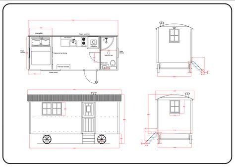 Shepherds Hut Floor Plan, Shepherds Hut Plans, Shepherds Hut For Sale, Fold Down Beds, Slate Hearth, Handmade Cabinets, Tiny Living Space, Double French Doors, Shepherds Hut