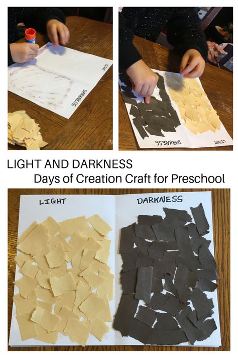 We're using this light and darkness collage for our Messy Church days of creation #biblecraft #sundayschool Genesis 1:3-5 Genesis Bible Project, Creation Day 4 Activities Preschool, First Day Of Creation Craft, Preschool Days Of Creation, Day 2 Creation Craft, Creation Bible Crafts For Preschoolers, Creation Day 1 Craft, Day 6 Creation Craft, Light And Dark Crafts For Toddlers