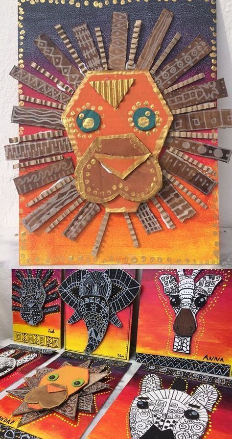 African Art For Kids, African Drawings, African Art Projects, Animal Art Projects, Afrique Art, African Crafts, Elementary Art Projects, Cardboard Art, Africa Art