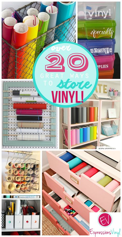 over 20 great ways to store your craft vinyl Organizing Vinyl Rolls, Circuit Storage Ideas, Storing Vinyl Rolls, How To Store Vinyl Rolls, Cricut Station Storage Ideas, Ways To Store Vinyl, Diy Vinyl Storage Rack, Vinyl Storage Ideas, Diy Vinyl Storage