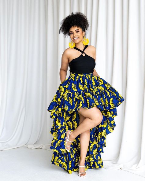 Fitted Multicolor Ruffled Maxi Skirt, Hi Low Skirts, Style Africain, African Print Skirt, African Prom Dresses, African Skirts, African Print Dress Ankara, Ankara Gown, Afrikaanse Mode