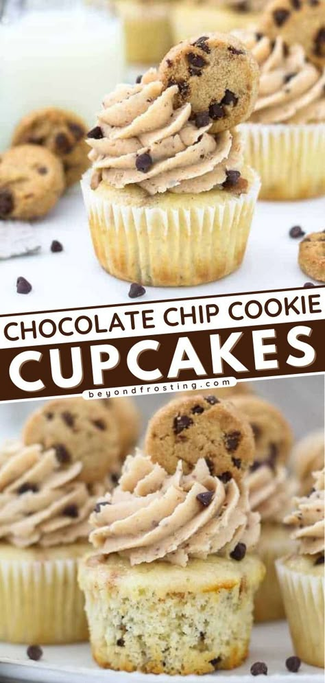 Chocolate Chip Cookie Cupcakes, Chocolate Chip Cupcakes Recipe, Homemade Vanilla Cupcakes, Homemade Cupcake Recipes, Cookie Cupcakes, Delicious Cupcakes Recipes, Chocolate Chip Cupcakes, Chocolate Chip Cookie Mix, Fun Cupcake Recipes