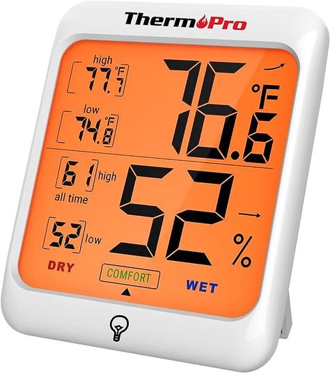 ThermoPro TP53 Digital Hygrometer Indoor Thermometer for Home, Temperature Humidity Sensor with Comfort Indicator & Max Min Records, Backlight Display Room Thermometer Humidity Meter, LCD Display Room, Room Thermometer, African Violets Plants, Violet Plant, Wine Rack Storage, Powdery Mildew, Humidity Sensor, African Violet, Digital Thermometer