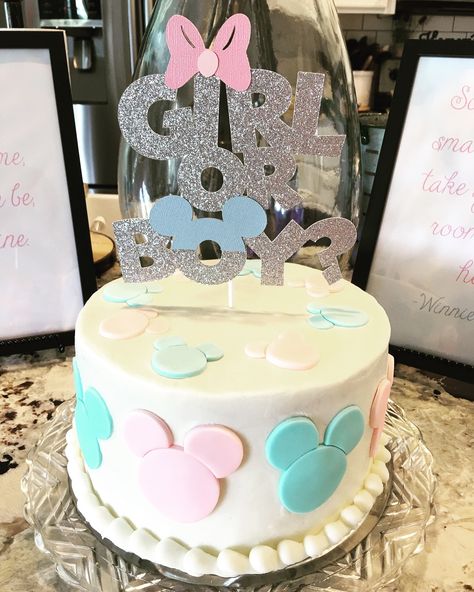 Disney gender reveal Gender Reveal Cake Mickey Minnie, Gender Reveal Ideas Disney Theme, Gender Reveal Ideas Mickey And Minnie, Disney Gender Reveal Cake, Disney Gender Reveal Party, Gender Reveal Mickey And Minnie, Disney Gender Reveal Ideas For Party, Disney Theme Gender Reveal, Gender Reveal Ideas Disney