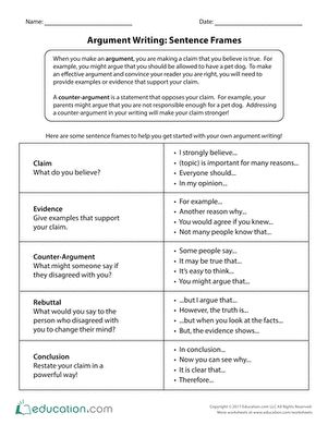 Fourth Grade Reading & Writing Worksheets: Argument Writing: Sentence Frames Argument Tips, Dissertation Tips, Student Printables, Argumentative Essay Outline, Argument Writing, Argument Essay, Essay Introduction, Sentence Frames, Analysis Essay