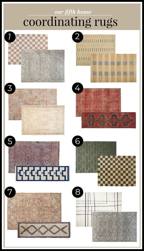 Two Rug, Different Size Rugs In Living Room, Overlapping Rugs Entryway, Layered Kitchen Rugs, Rugs Mix And Match, How To Match Rugs In Same Room, Kitchen Rug Decor Ideas, Whole House Coordinating Rugs, Overlapping Rugs Bedroom