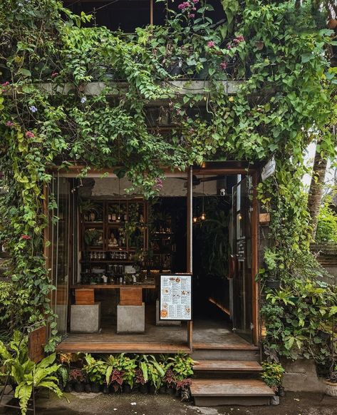 Garden Coffee Shop Design Outdoor, Plant Shop Exterior, Indoor Garden Cafe, Cafe With Plants, Plant Coffee Shop, Greenery Cafe, Coffee Shop Plants, Cozy Greenhouse, Cafe Plants