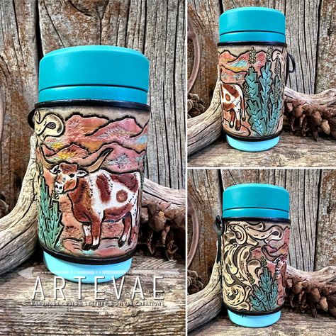 Tooled leather designs ArteVae Cactus Leather Tooling Patterns, Tooled Leather Mountains, Tooled Leather Koozie, Deer Leather Tooling Pattern, Tooled Leather Desert Scene, Longhorn Steer, Cool Wraps, Leather Flask, Stocking Cap