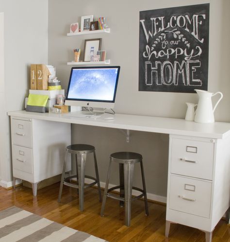 This is a smart solution for someone who wants a customized work space. Paint a wood plank, length of your choice, and secure it to two symmetrical cabinets. A monochromatic palette styles this up a bit. See more at Beautiful Protest »  - GoodHousekeeping.com File Cabinet Makeover, Diy Computer Desk, File Cabinet Desk, Kids Studio, Metal Filing Cabinet, File Cabinets, Filing Cabinets, Casa Vintage, Desk Ideas