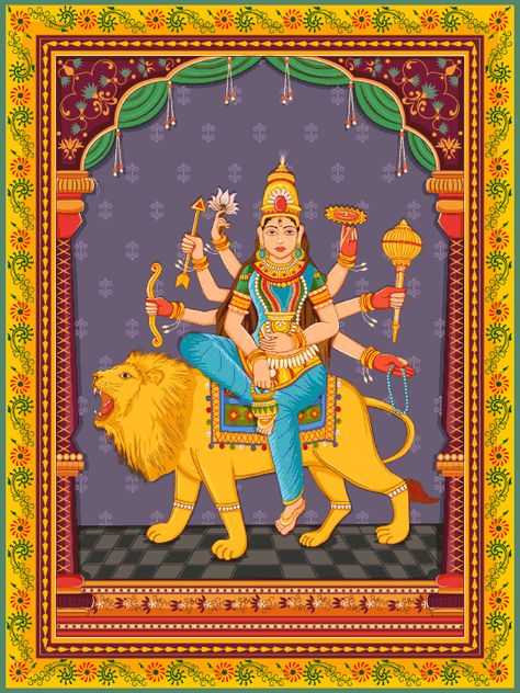 Goddess Kushmanda - Significance, Mantras, Story, and Festivals - Hinduism Outlook Goddess Kushmanda, Floral Frame Background, Cosmic Egg, Frame Illustration, Durga Painting, Photoshop Design Ideas, Indian Goddess, Goddess Artwork, Hindu Festivals