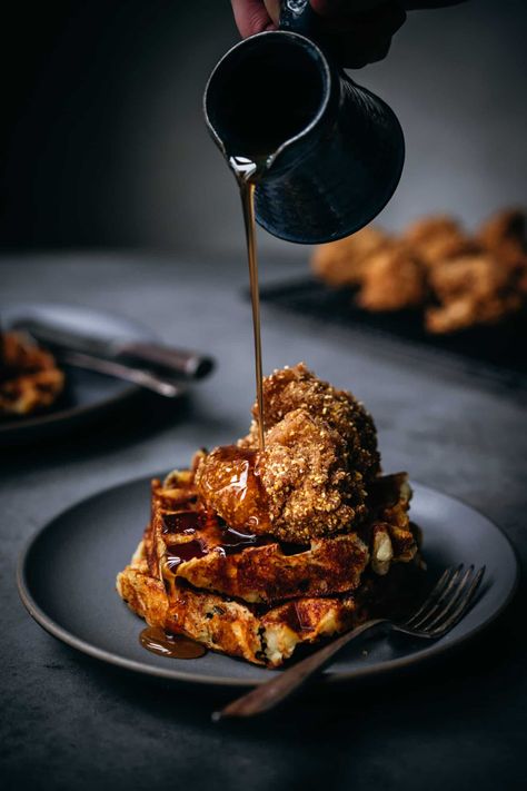 Vegan Chicken and Waffles Waffles Photography, Vegan Creamer, Vegan Breakfast Casserole, Crowded Kitchen, Vegan Cheddar Cheese, Vegan Mashed Potatoes, Chicken Waffles, Fried Chicken And Waffles, Potato Waffles