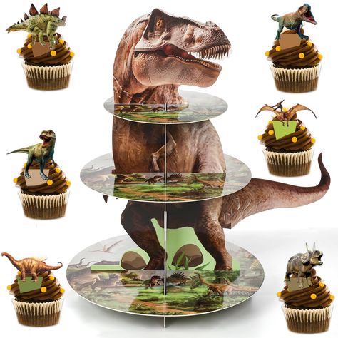 PRICES MAY VARY. Package includes: You will receive a 3-tier dinosaur themed cupcake stand and a total of 24 six different dinosaur cupcake toppers.It will hold enough cupcakes and desserts for larger parties of all kinds. Quality materials: The dinosaur themed dessert tower is made of high quality sturdy cardboard, strong and durable enough to hold party desserts. It adopts double-sided printing process, waterproof and reusable, adding lively atmosphere to your dinosaur theme party. Unique desi Dinosaur Party Cupcakes, Dessert Tower, Dinosaur Birthday Decorations, Birthday Cupcakes Decoration, Dinosaur Cupcakes, Dinosaur Party Decorations, Disco Party Decorations, Jungle Theme Parties, Dino Birthday Party