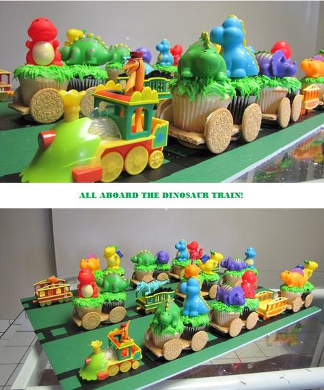 Dinosaur Train Cupcake Train. My good friend Kristin made this for her son's 3rd birthday!  Amazing!! Dinosaur Train Cake, Dino Train Birthday Party, Dinosaur Train Birthday Cake, Dinosaur Train Birthday Party, Dinosaur Monster Truck Birthday Party, Elegant First Birthday, Monster Truck And Dinosaur Cake, Dinosaur Train Birthday, Cupcake Train