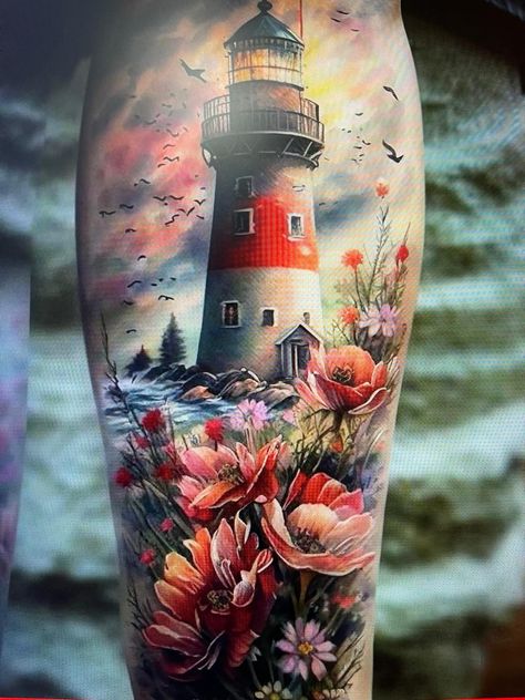 Lighthouse Tattoo Color, Lighthouse Sleeve Tattoo, Lighthouse Tattoo For Women, Merman Tattoo, Ocean Tattoos Sleeve For Women, Cliffs Tattoo, Lighthouse Tattoos, Jeep Tattoo, Always Tattoo