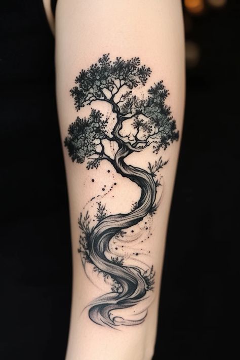 Tree Tattoos Men, Cypress Tree Tattoo, Japanese Tree Tattoo, Black Watercolor Tattoo, Tree Tattoo Black, Tree Tattoo Art, Willow Tree Tattoo, Tree Tattoo Ideas, Bonsai Tree Tattoos