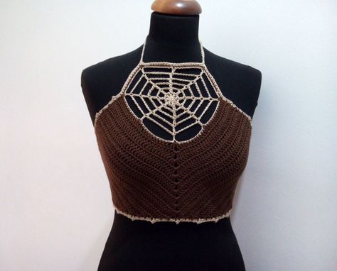 Spider Web Top Crochet, Spider Web Top, Hippie Festival Outfit, Handmade Crochet Hook, Pareo Skirt, Web Top, Outfit Shorts, Crochet Boho Top, Brown Crochet