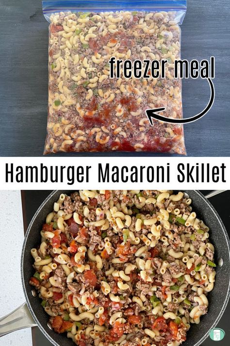 Hamburger Macaroni Skillet Meal - Freezer Meals 101 Make Ahead Skillet Meals, Hamburger Meat Recipes To Freeze, Freezer To Skillet Meals, Hamburger Helper Freezer Meal, Ground Meat Freezer Meals, Ground Beef Freezer Recipes, Easiest Freezer Meals, Rice Freezer Meals, Freezer Meatball Recipes