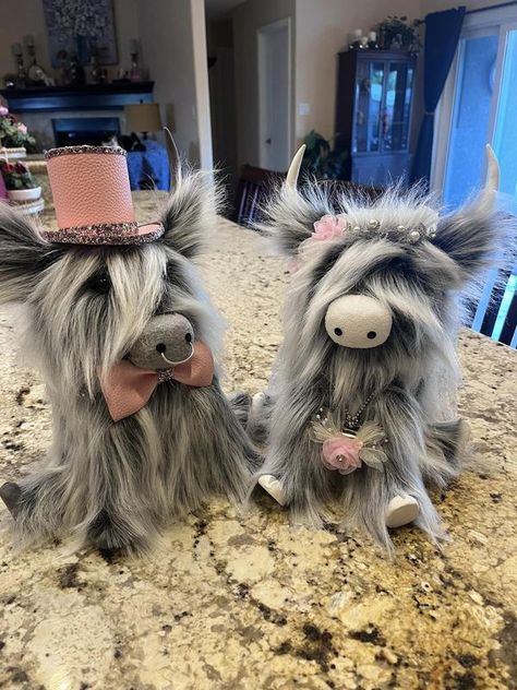 Dollar Tree Crafts & DIY with Instructions! + Freebies! 🥳 | I finished my highland cow bride and groom set..I made these for my future sister in law and brother. | Facebook Diy Highland Cow, Hyland Cows, Gnome Animals, Fur Crafts, Highland Cow Wreath, Cow Videos, Stuffed Gnomes, Highlander Cow, Dollar Tree Crafts Diy