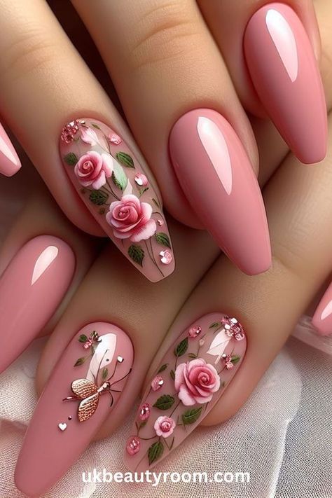 Floral Nail Designs Summer, Nails With Rose Design, 2024 Manicure, Fall Nails Art, Bow Nail Designs, Pink Nail Art Designs, Quartz Nails, Stunning Nails, Pinterest Nails