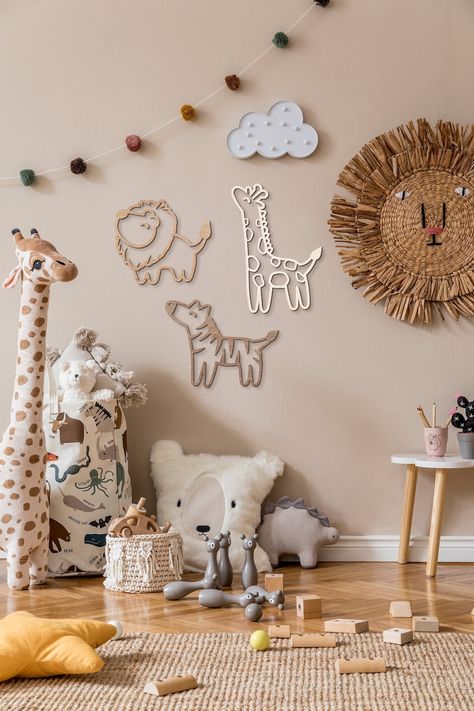 Kids Safari Animal Nursery Wall Art Set of 3 Jungle Decals - Etsy UK Nursery Decor Animal Theme, Neutral Nursery Feature Wall, Wood Words On Wall, Giraffe Print Nursery, Nursery Room Animals, Nursery Wood Decor, Baby Wall Decor Ideas, Nursery Ideas Wall Paint, Toddler Animal Room