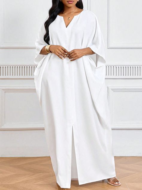 SHEIN Lady Plus Size Loose White Short Sleeve Dress For Women, Pleated, Suitable For Events, Wedding, Beach Outfit, Tall Figure, Long And Slim Fit DressI discovered amazing products on SHEIN.com, come check them out! Simple Long White Dress, Loose Wedding Dress, Dinner Dress Classy Elegant, Dinner Wears, White Kaftan, White Short Sleeve Dress, Plus Size White, Bridal Shower Dress, Women's Robe