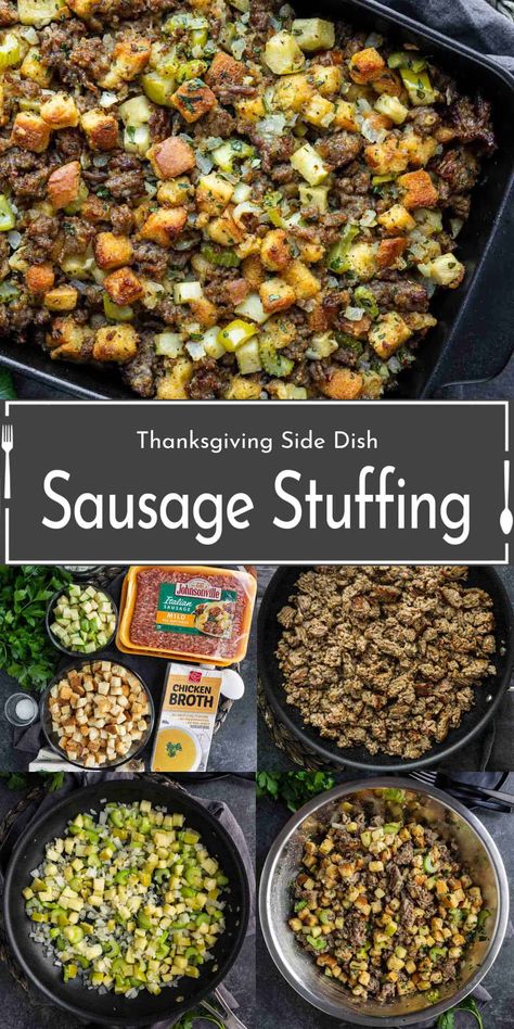 This deliciously savory apple sausage stuffing combines juicy apples, savory sausage, fresh herbs, and toasted bread for the ultimate holiday side dish! Perfect as a Thanksgiving side dish, Christmas side dish, or any cozy family dinner. Make your meal unforgettable with this easy, flavor-packed apple sausage stuffing! Impress your guests with a Thanksgiving stuffing recipe that’s both simple and unforgettable! Sausage And Sage Stuffing, Apple And Sausage Stuffing, Italian Sausage Stuffing Thanksgiving, Stuffing Recipes Apple, Stuffing With Sausage Recipes, Stuffing With Sausage And Apples, Sausage Stuffing Recipes, Homemade Stuffing With Sausage, Thanksgiving Stuffing Muffins