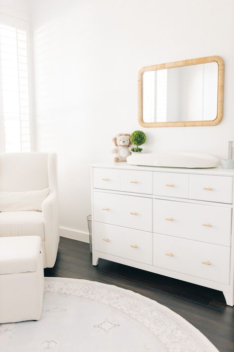 Photo by Jessieagastraphotography, dallas texas, White rocking chair, white dresser, minimal, all white nursery, ruggable rug, gold hardware, home interior, interior design, nursery, baby nursery, nursery design Nursery Ruggable, All White Nursery, Interior Design Nursery, Playroom Rugs, White Rocking Chair, White Rocking Chairs, Rug For Kids Room, Gold Nursery, Playroom Rug