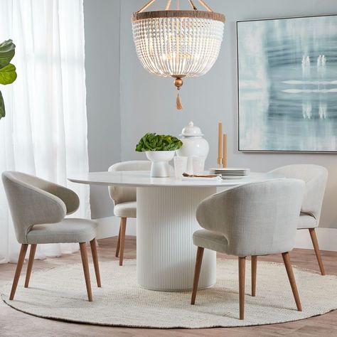 I love the curved profile of the Hazel Dining Chair! ✨❤ #indoor #indoorfurniture #furniture #diningroom #dining #diningchair #chair #home #homedecor Natural Dining Chairs, Round Wooden Dining Table, Timber Dining Table, Dining Table Online, White Dining Table, Round Table Top, Wooden Dining Tables, Upholstered Seating, Upholstered Dining Chairs