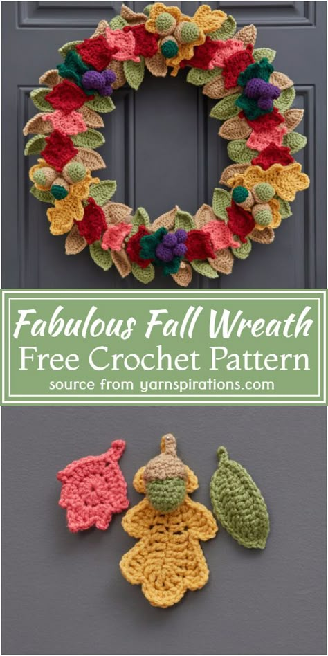 Seasonal Door Wreaths, Grape Crochet, Crochet Wreaths, Crochet Wreath Pattern, Fall Wreath Tutorial, Crochet Fall Decor, Thanksgiving Crochet, Autumn Crochet, Crochet Christmas Wreath