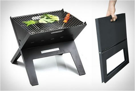 Notebook Portable BBQ Grill - Made of sturdy metal the grill measures twelve inches high, twelve inches wide and eighteen inches long, and weighs nine pounds. | via feeldesain.com | #Kitchenware #BBQGrills Grilling Gadgets, Portable Bbq Grill, Portable Bbq, Landscaping Flowers, Portable Grill, Rocket Stoves, Built In Grill, Grill Master, Grill Design