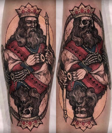 Christus Tattoo, Playing Card Tattoos, King Tattoo, Medieval Tattoo, Knight Tattoo, King Tattoos, Queen Tattoo, Card Tattoo, Maori Tattoo