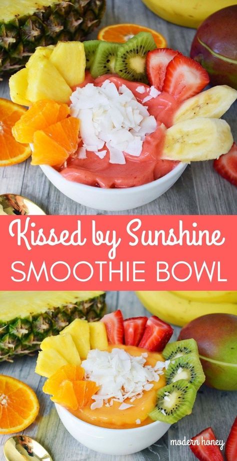 Sunshine Smoothie, Fruits Juice, Smoothie Bowl Recipe Healthy, Bowl Recipes Easy, Modern Honey, Sommer Mad, Acai Bowls Recipe, Breakfast Smoothie Bowl, Coconut Shavings