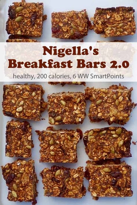 Nigella Lawson's breakfast bars 2.0 recipe (from Simply Nigella), which she describes as, "gluten-free, dairy-free and enough seeds to make you start sprouting." Make these healthy bars at the weekend, and you'll be set up for the week, if you're someone who needs to grab-and-go in the morning - only 6 Weight Watchers Freestyle SmartPoints! #simplenourishedliving #weightwatchers #wwfamily #wwfreestyle #smartpoints #breakfast #easyhealthyrecipe Healthy Breakfast Bars, Simply Nigella, Gluten Free Breakfast Bars, Breakfast Bars Healthy, Nigella Lawson Recipes, Sugar Free Breakfast, Breakfast Bars Recipe, Pastas Recipes, Healthy Bars