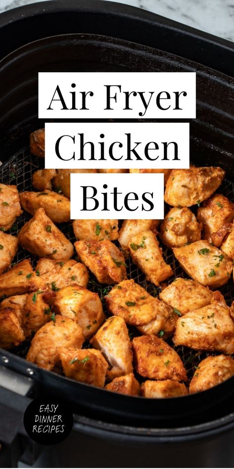 Air fryer chicken bites in a black cooking tray. Healthy Foods To Make In Air Fryer, Garlic Chicken Bites Air Fryer, Aldi Air Fryer Recipes, Foods To Make In The Air Fryer, Chicken Cubes In Air Fryer, Healthy Air Fryer Recipes Low Carb Snacks, Buffalo Chicken Bites Air Fryer, Air Fryer Food Ideas, Healthy Food For Picky Eaters